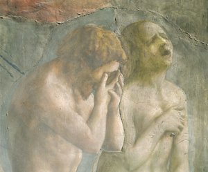 Adán y Eva expulsados del Paraíso, c.1427 (detalle) (pre-restauración) de Tommaso Masaccio